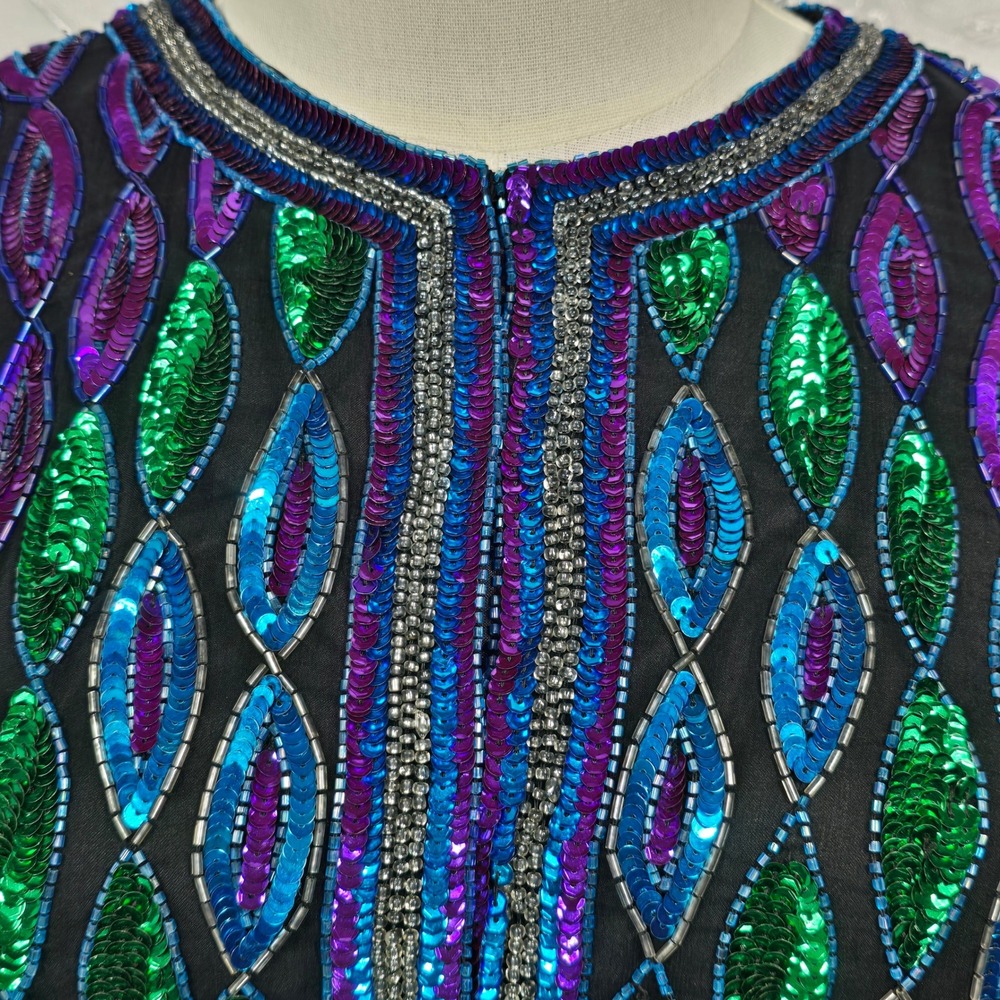 Laurence Kazar Vintage Beaded Sequin Silk Jacket XL Green Blue Purple Evening - Picture 10 of 11